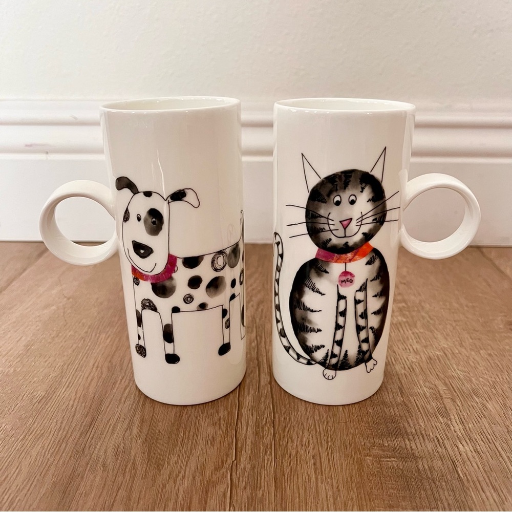 2 PCs Crown Trent‎ China Limited Fine Bone China Cute Dog & Cat Tall Coffee Mugs